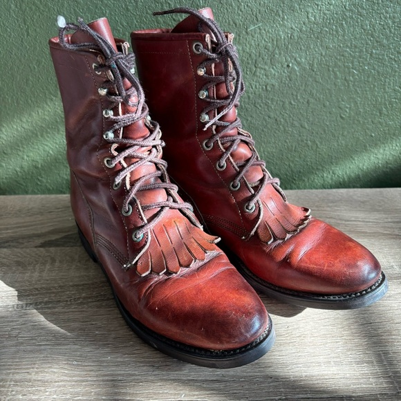 Justin Boots Shoes - Vintage Justin Fringed 90s Victorian Ankle Boots Leather Lace-Up Sz 6.5 C